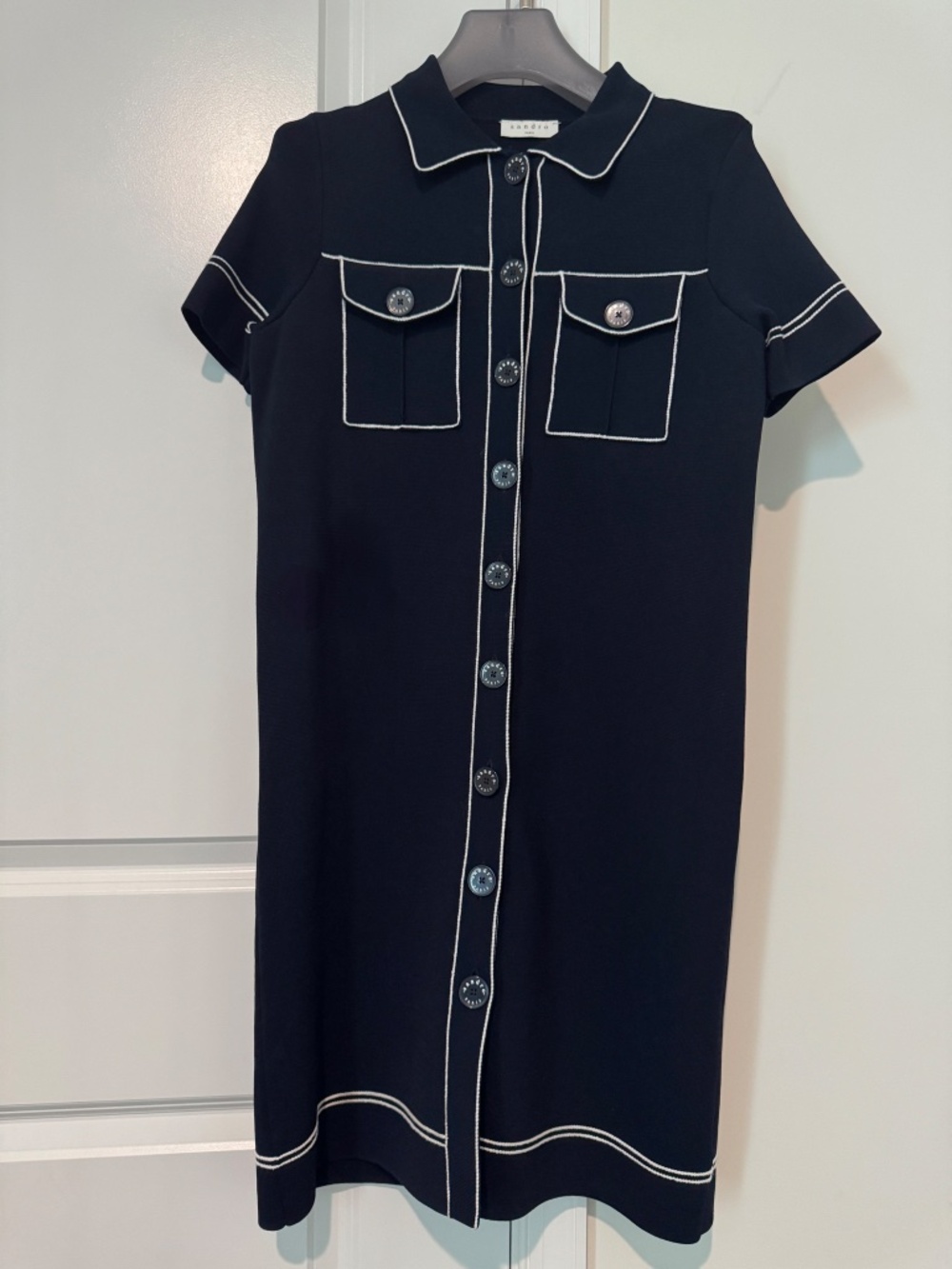 Sandro Paris Dark Navy Contrast-Trim Button Dress – Size 34 (XS) - Picture 2 of 3